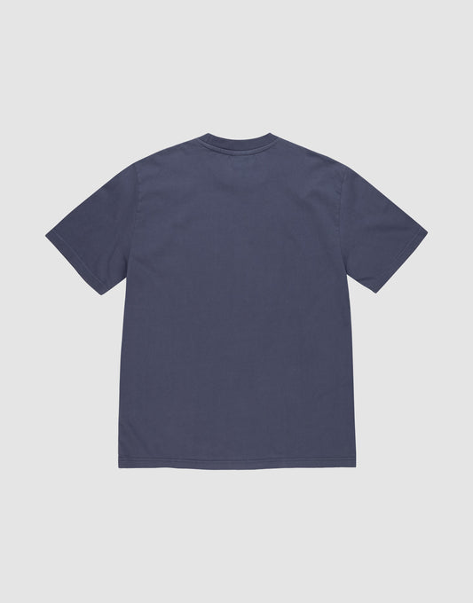 The LFDY Triple Racing Tee by LIVE FAST DIE YOUNG, a plain navy blue oversized short-sleeve T-shirt, is laid flat with the back side facing up on a light gray background.
