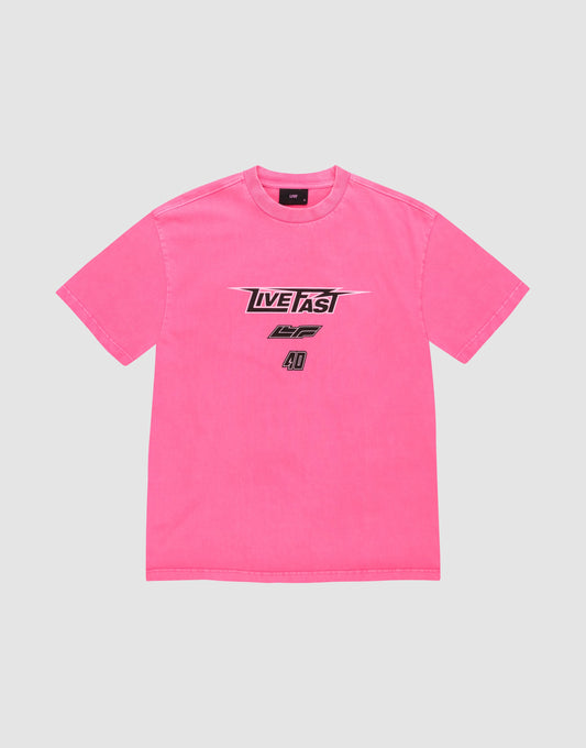 The LFDY Triple Racing Tee by LIVE FAST DIE YOUNG is a bright pink, 100% cotton oversize fit with black and white multi-logo front graphics featuring "LIVE FAST" above "LIF" and the number 40 on a light gray background. | plain