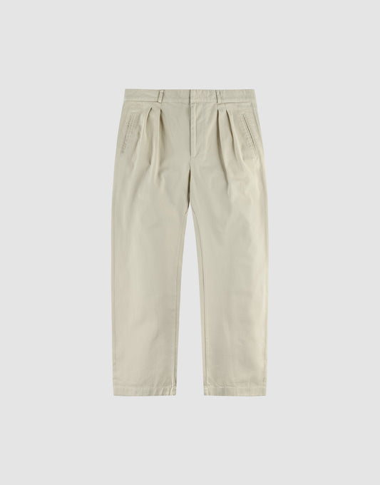 The Wide Chino by LIVE FAST DIE YOUNG features a beige hue, belt loops, side pockets, wide fit with konisches Bein, and is crafted from 100% Baumwolle, shown laid flat on a plain white background. | plain