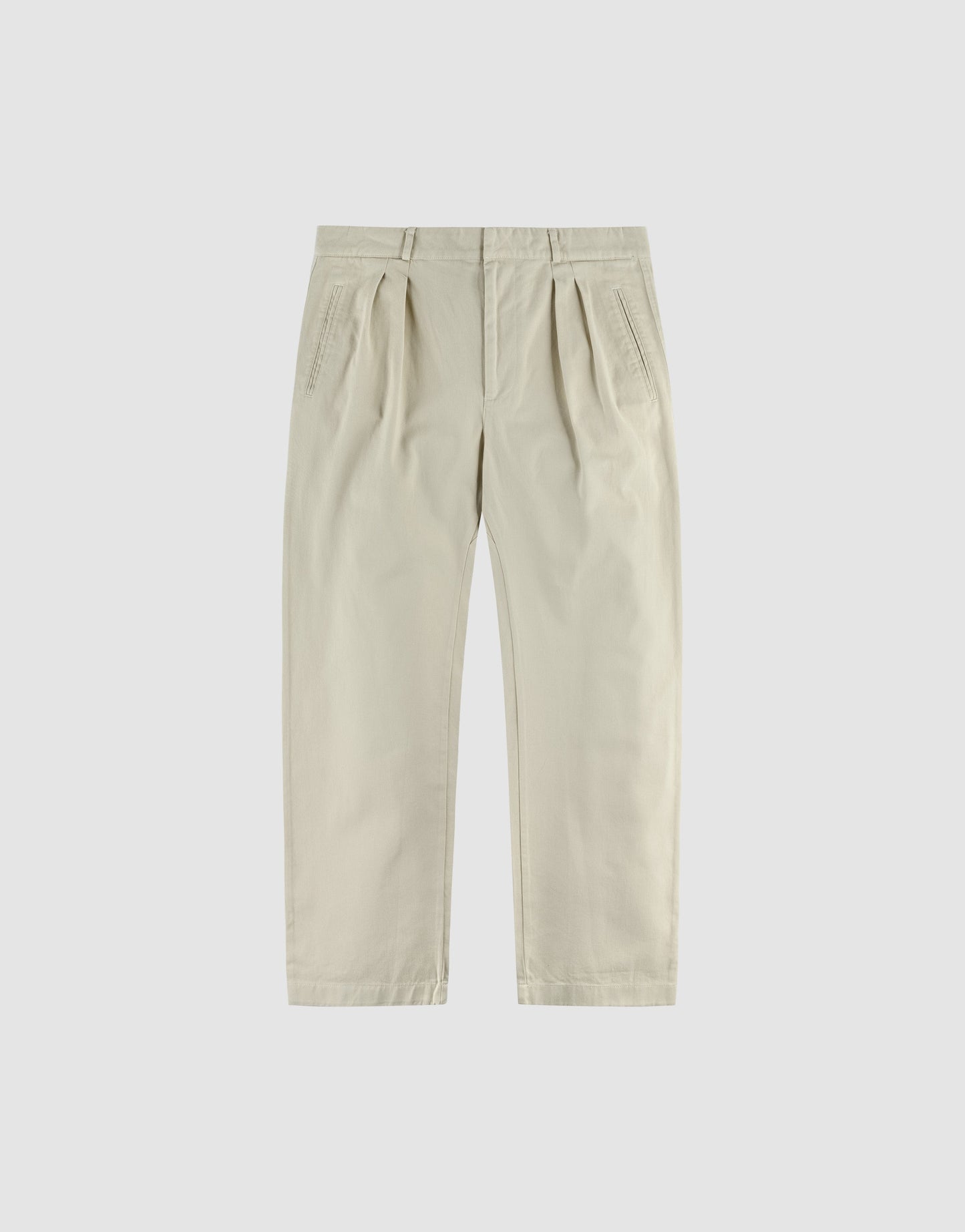The Wide Chino by LIVE FAST DIE YOUNG features a beige hue, belt loops, side pockets, wide fit with konisches Bein, and is crafted from 100% Baumwolle, shown laid flat on a plain white background. | plain