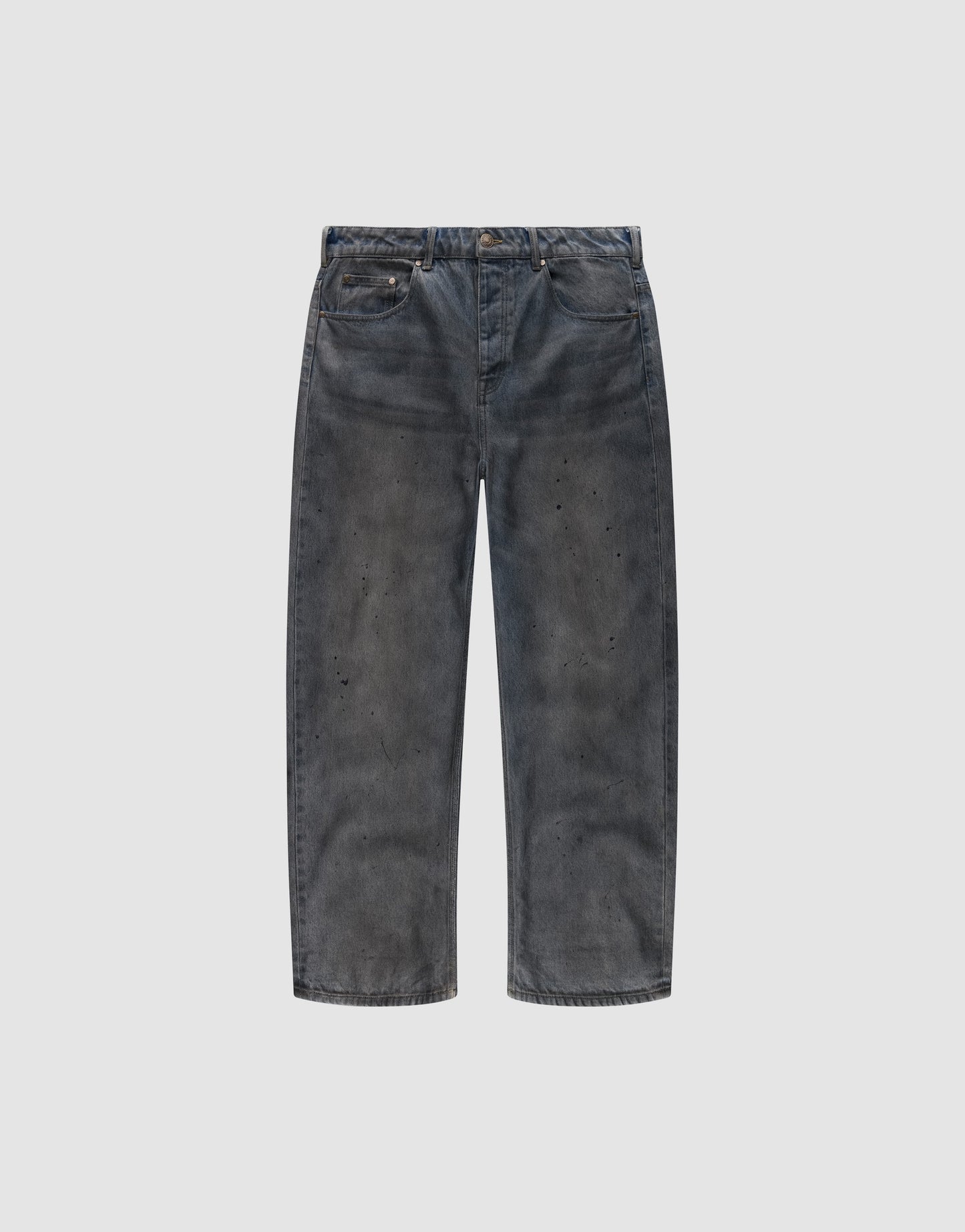 The LFDY Coated Baggy Denim by LIVE FAST DIE YOUNG features wide legs, a baggy fit, faded black 100% Baumwolle fabric, distressed detailing, and subtle paint splatters, shown against a plain white background.