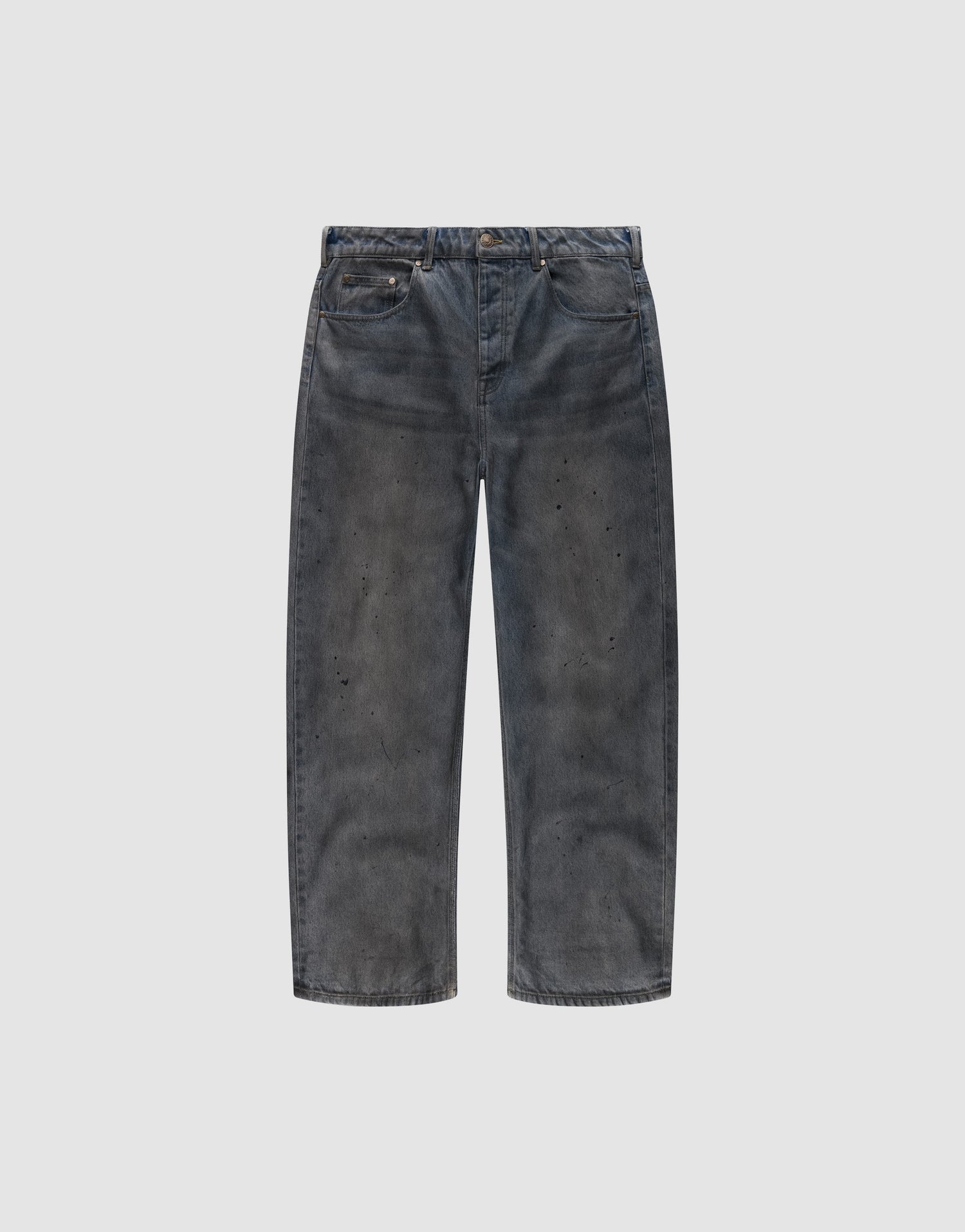 The LFDY Coated Baggy Denim by LIVE FAST DIE YOUNG features wide legs, a baggy fit, faded black 100% Baumwolle fabric, distressed detailing, and subtle paint splatters, shown against a plain white background. | plain