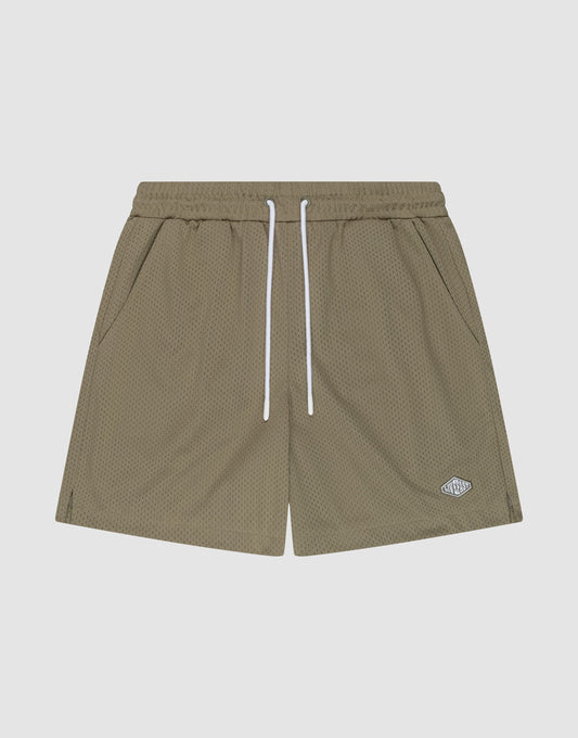 The LIVE FAST DIE YOUNG Basic Mesh Shorts feature an olive green, regular fit with breathable polyester, elastic waistband, white drawstrings, two side pockets, and a small white logo patch on the lower left leg. | plain