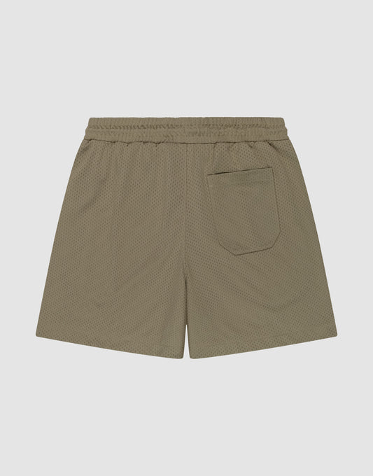 The LIVE FAST DIE YOUNG Basic Mesh Shorts feature an olive green color, regular fit, elastic waistband, single back pocket, and are made from polyester. They are shown flat on a light gray background.