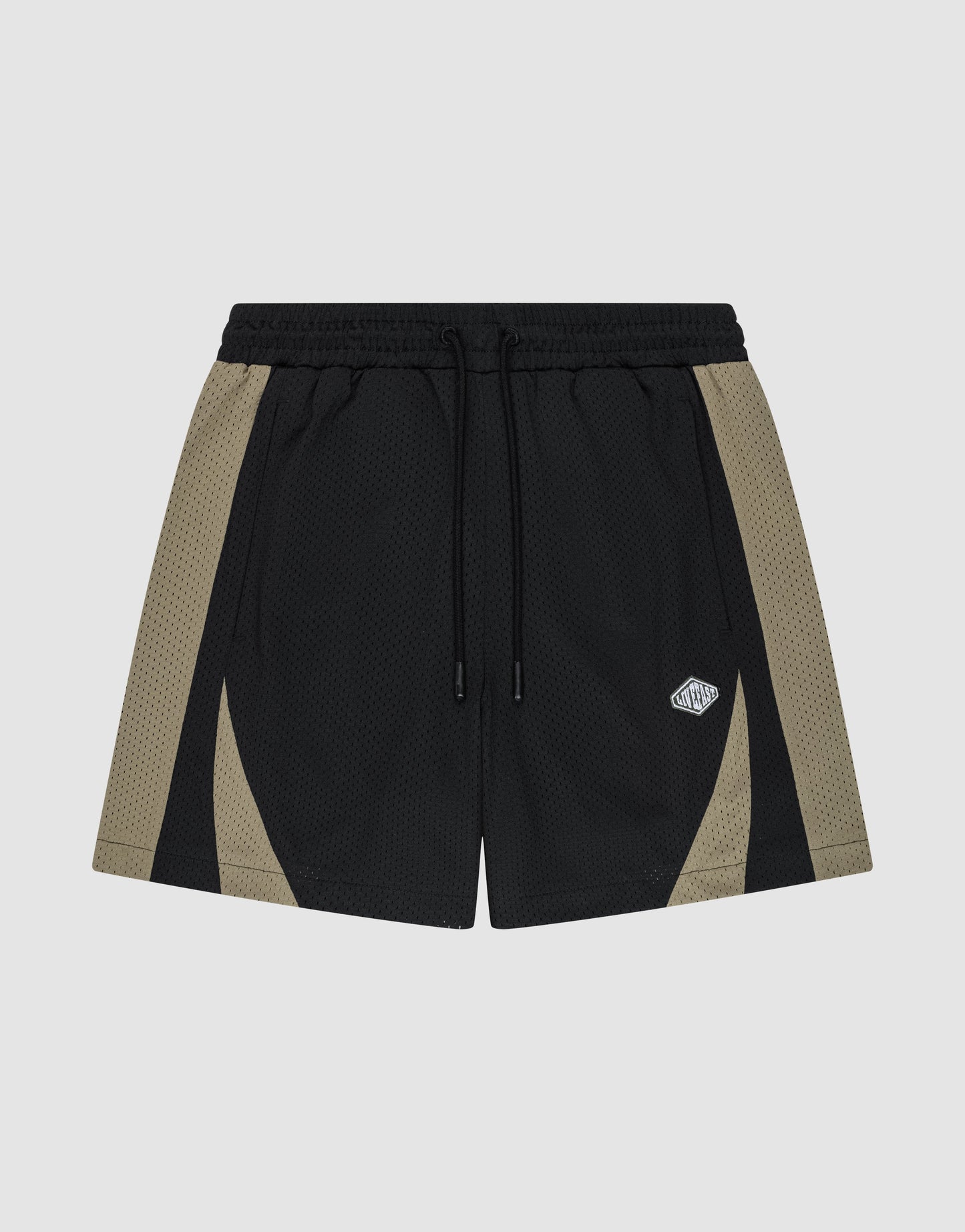 The LIVE FAST DIE YOUNG Striped Mesh Shorts feature black polyester fabric with olive green side panels, an elastic waistband with a black drawstring, and a small white logo patch on the left leg. | plain