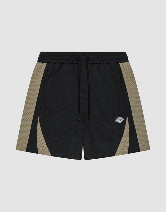 The LIVE FAST DIE YOUNG Striped Mesh Shorts feature black polyester fabric with olive green side panels, an elastic waistband with a black drawstring, and a small white logo patch on the left leg. | plain