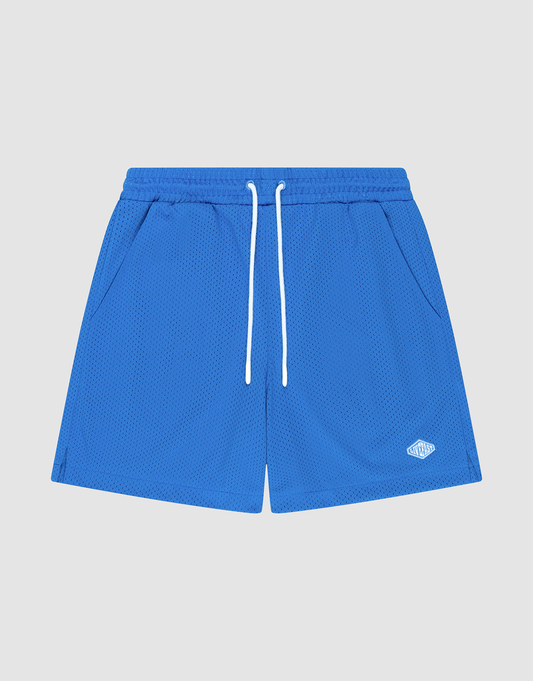 LIVE FAST DIE YOUNG Basic Mesh Shorts in bright blue feature a regular fit, breathable polyester, elastischer Bund, white drawstring, side pockets, and a small white logo on the left leg—shown against a light gray background. | plain