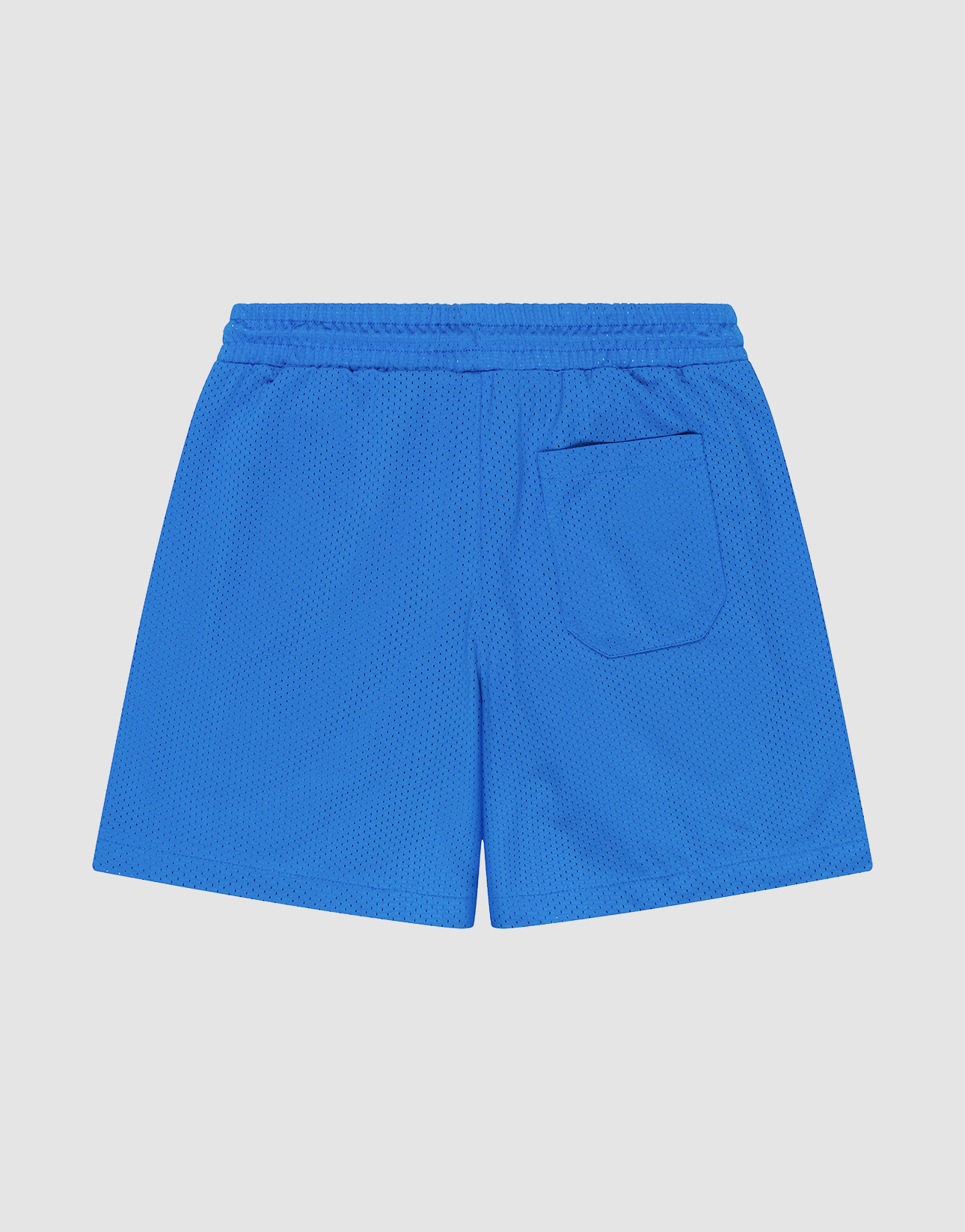 LIVE FAST DIE YOUNG Basic Mesh Shorts in blue, featuring an elastic waistband and a single back pocket, made from lightweight polyester and shown flat on a white background.