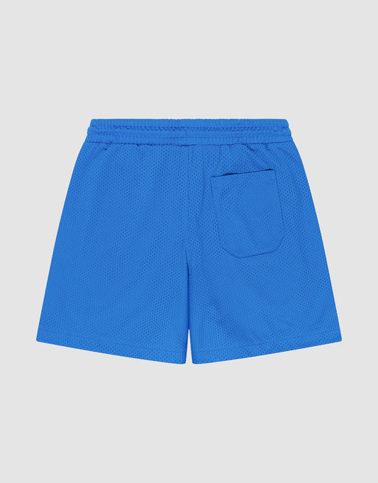 LIVE FAST DIE YOUNG Basic Mesh Shorts in blue, featuring an elastic waistband and a single back pocket, made from lightweight polyester and shown flat on a white background.