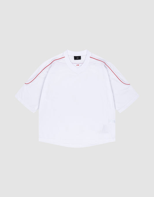 The LIVE FAST DIE YOUNG Basic Mesh Jersey is a white polyester short-sleeve V-neck shirt with red piping on the shoulders, displayed flat on a light gray background. | plain