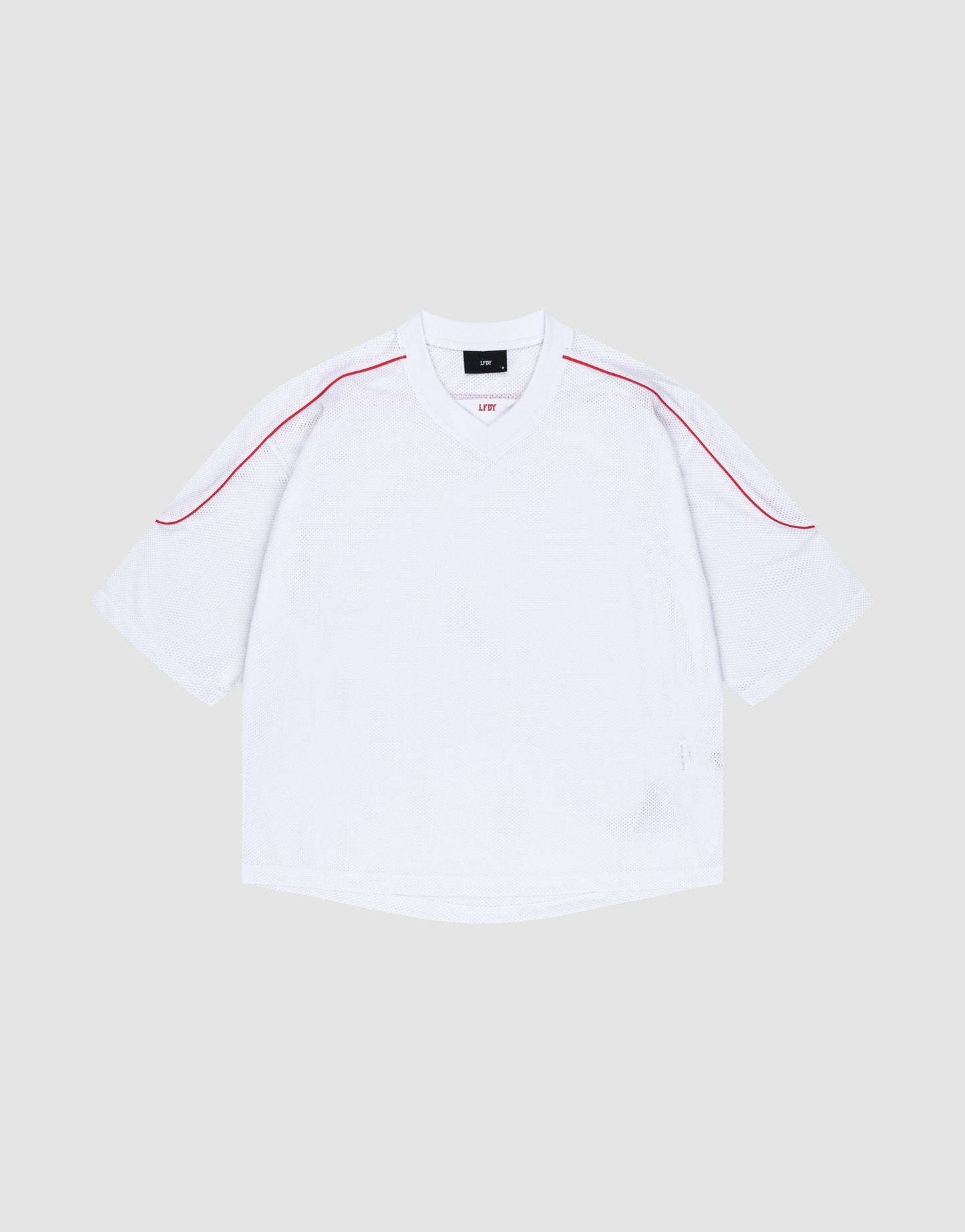 The LIVE FAST DIE YOUNG Basic Mesh Jersey is a white polyester short-sleeve V-neck shirt with red piping on the shoulders, displayed flat on a light gray background. | plain