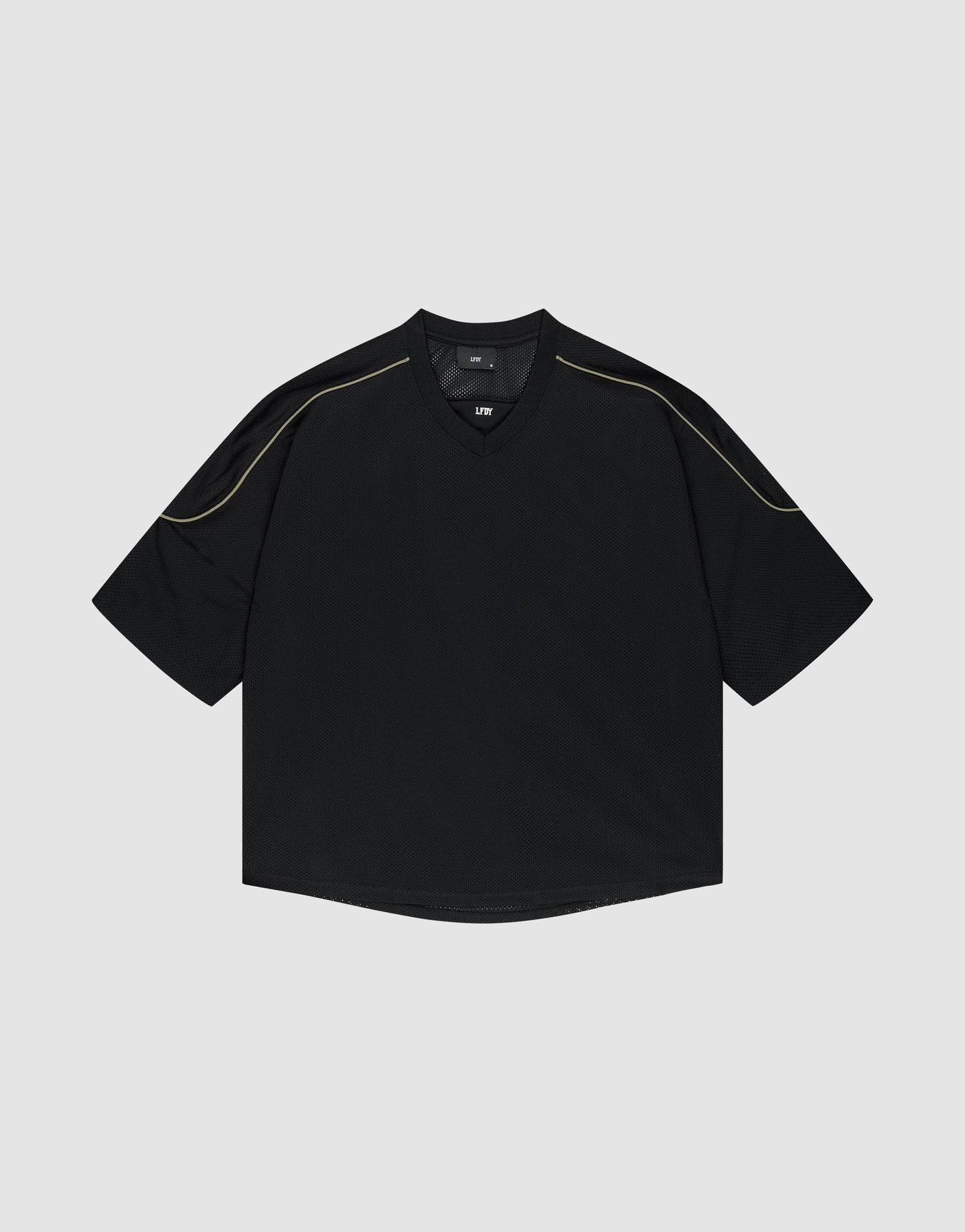 The LIVE FAST DIE YOUNG Basic Mesh Jersey is a black, short-sleeve, oversize-fit shirt with subtle contrast shoulder stitching, shown against a plain light gray background.