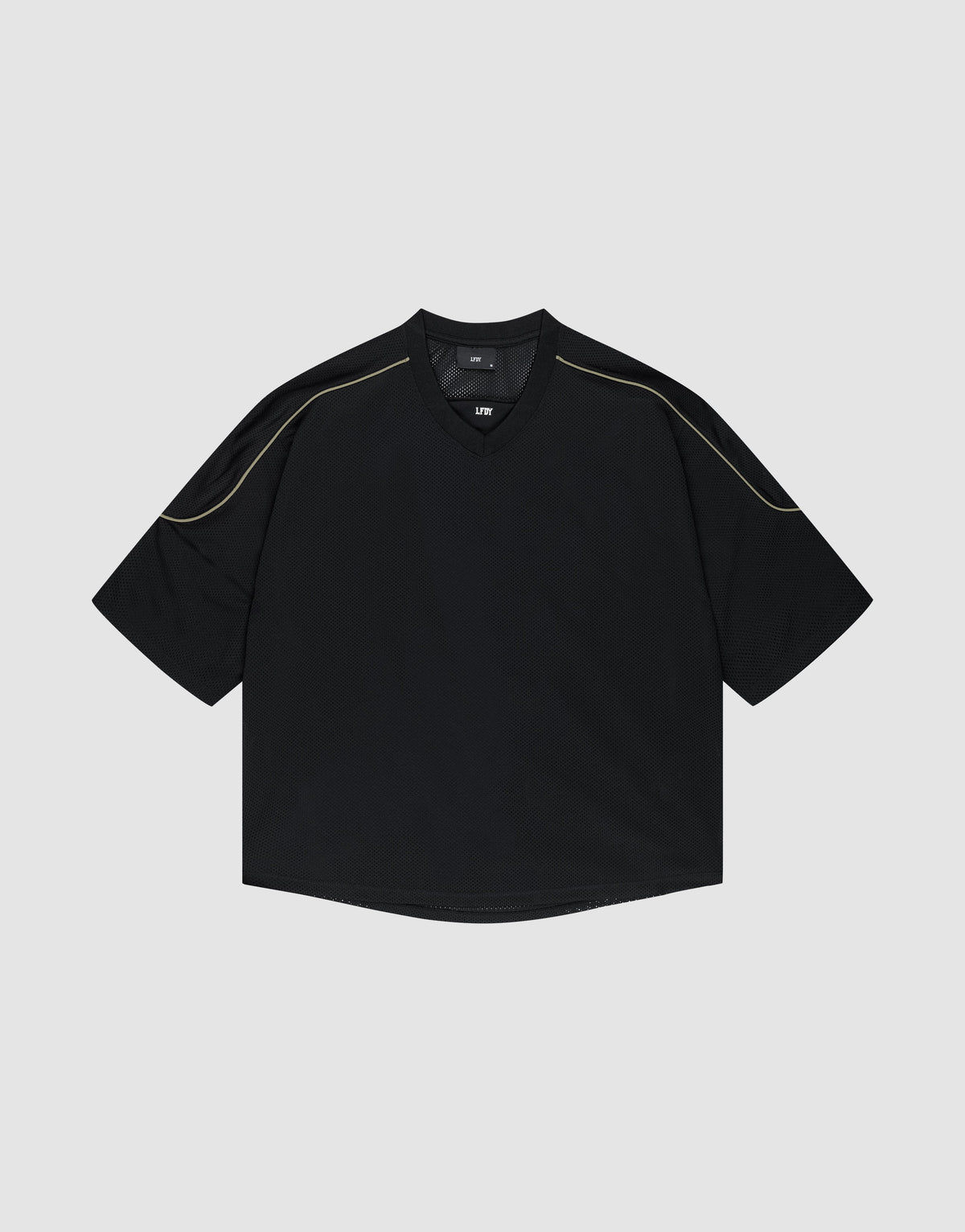 The LIVE FAST DIE YOUNG Basic Mesh Jersey is a black, short-sleeve, oversize-fit shirt with subtle contrast shoulder stitching, shown against a plain light gray background. | plain