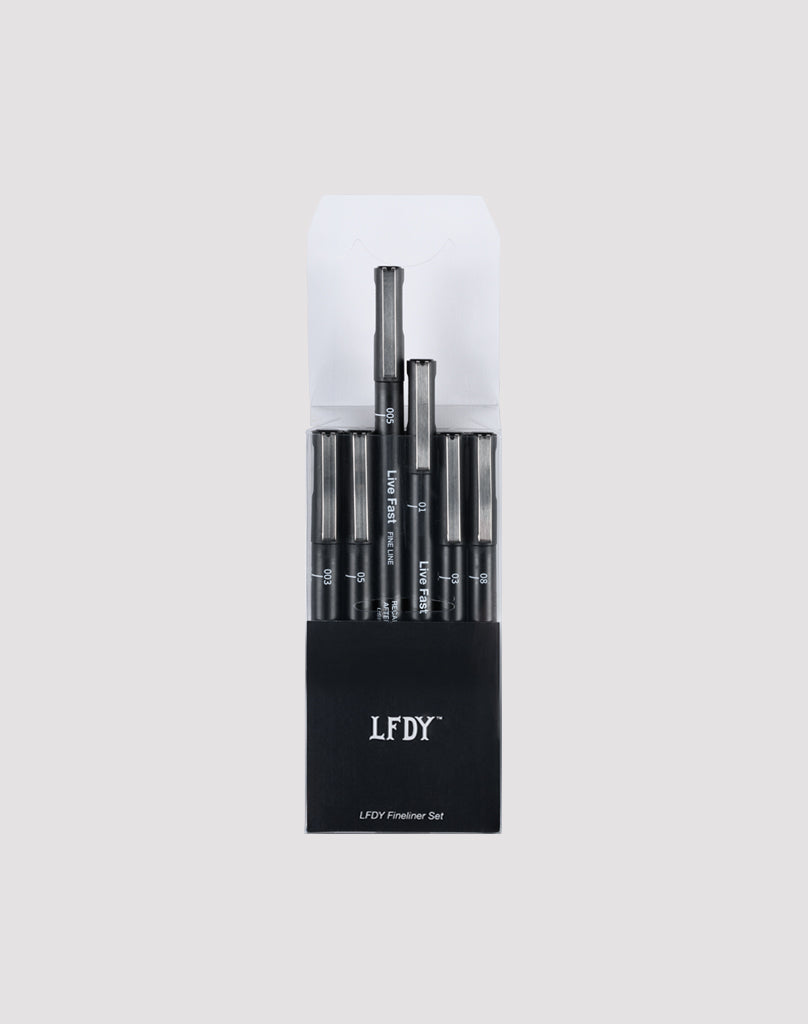 A set of six black LFDY Fineliner pens by LIVE FAST DIE YOUNG, each with various tip sizes, arranged vertically in an open black and white box labeled LF2412-16875 on a light gray background.
