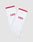 A 2-pack of LIVE FAST DIE YOUNG Basic Stripe Socks in white with red cuffs and LFDY embroidered in red. Made from soft cotton, One Size fits all. The socks are shown overlapping on a plain gray background.