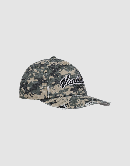 The LFDY Vandals Cap by LIVE FAST DIE YOUNG features a camouflage pattern, "Vandal" script embroidery in black and white, a slightly worn brim, comfy sweatband, and adjustable snap closure at the back.