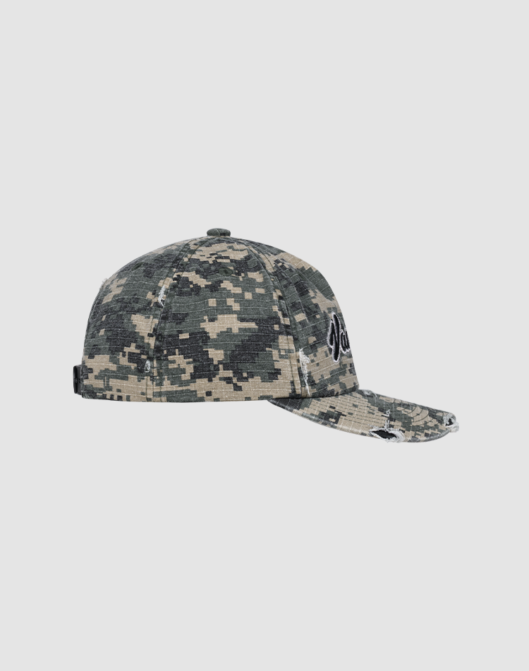 The LFDY Vandals Cap by LIVE FAST DIE YOUNG is a digital camouflage baseball cap with a curved brim, featuring green, brown, and beige pixel patterns, plus a comfortable Schweißband, shown in side profile against a white background.