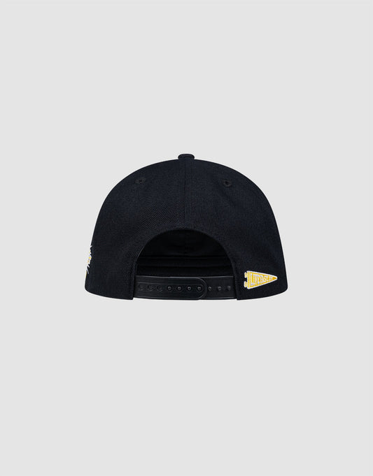 Die LFDY Snapback von LIVE FAST DIE YOUNG kommt in Schwarz mit grünem Schirmunterseite, gelbem Lakers-Logo rechts und schlichtem Multi-Logo-Stick auf hellgrauem Hintergrund. Hinten ist ein Snapverschluss zu sehen.