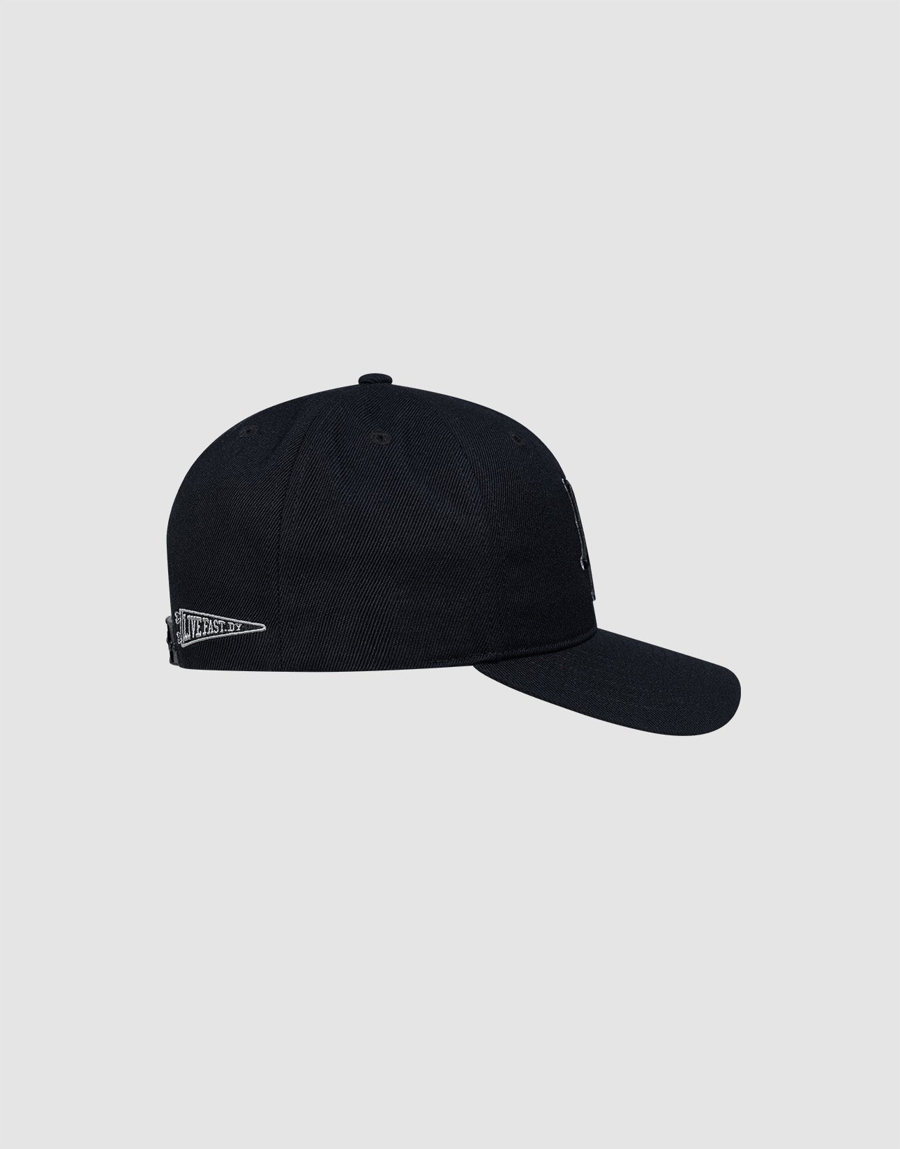 The LFDY Snapback by LIVE FAST DIE YOUNG in black is shown side-on against a plain light gray background, featuring a curved brim with grey underside, Multi-Logo-Stick embroidery near the back, and an adjustable snap closure.