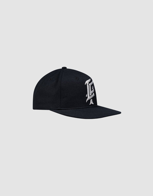 A black LF Rhinestone Cap by LIVE FAST DIE YOUNG with a flat brim and white TLC logo on the front, shown against a plain light gray background.