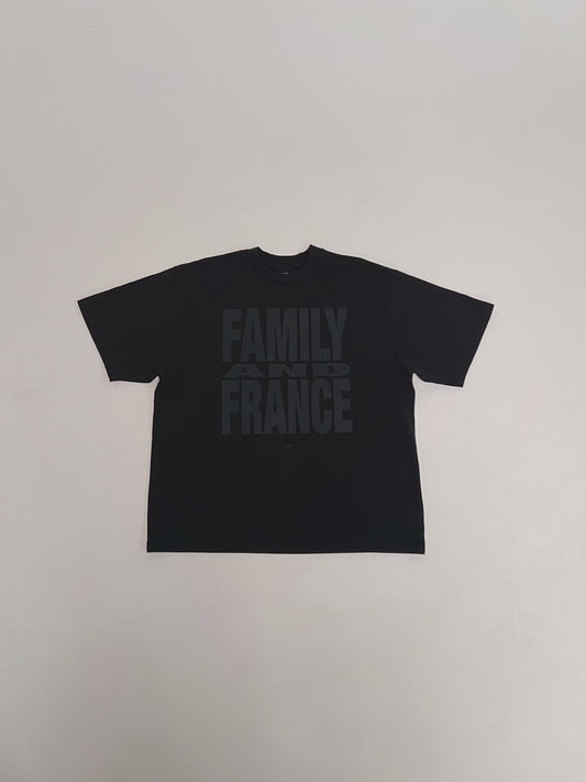 The LFDY Family & France Tee by LIVE FAST DIE YOUNG is a black oversized T-shirt featuring bold "FAMILY AND FRANCE" text across the chest and a subtle flag-label detail.