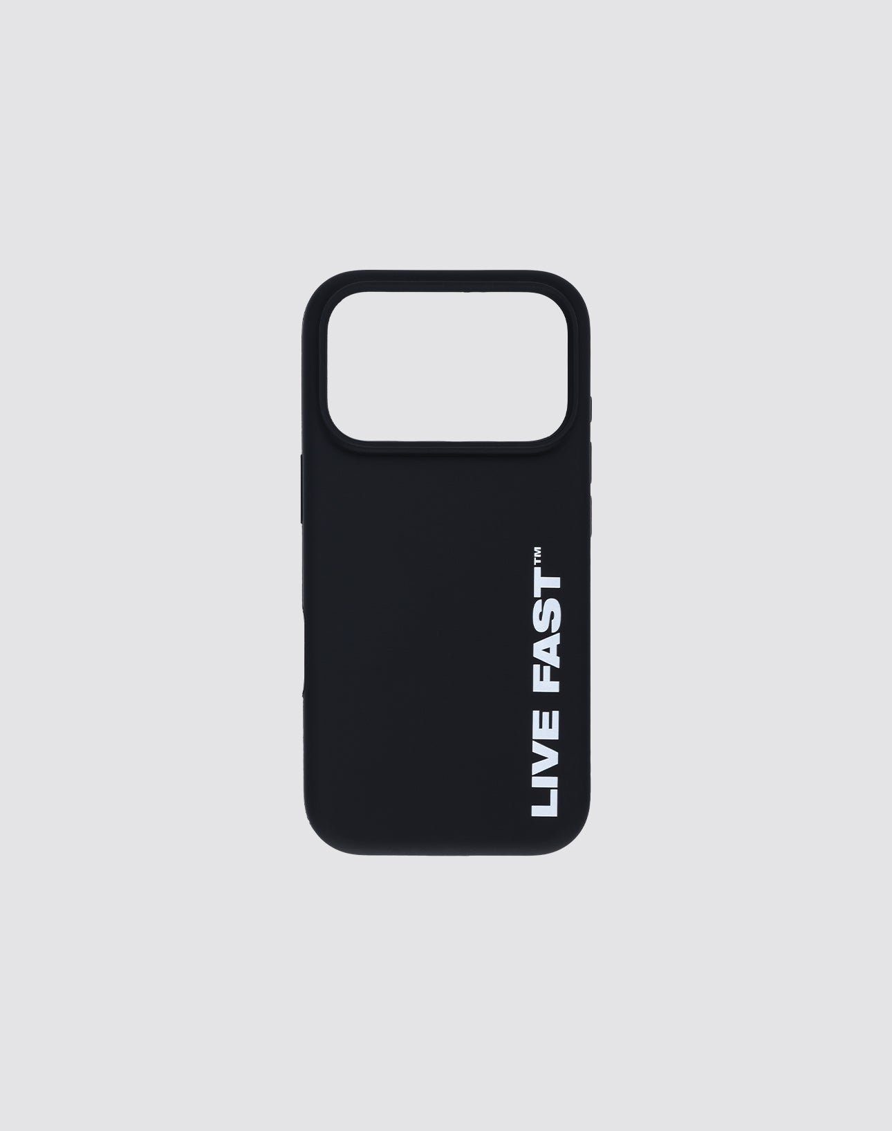 The LFDY Phone Case by LIVE FAST DIE YOUNG is a black TPU case with a rectangular camera cutout at the top and "LIVE FAST™" printed vertically in bold white on the lower right, set against a light gray background.| plain