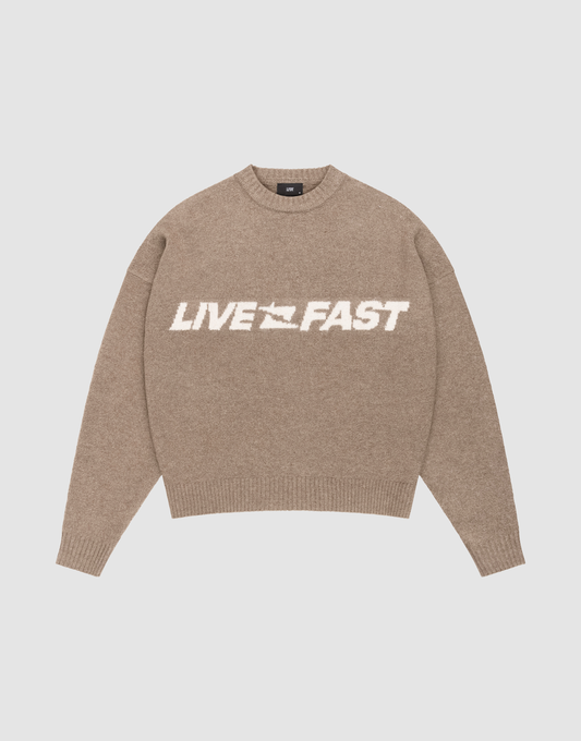 The Live Fast Boucle Sweater by LIVE FAST DIE YOUNG is an oversize beige knit with "LIVE FAST" in bold white on the chest, classic crew neck, and long sleeves for cozy comfort. | plain
