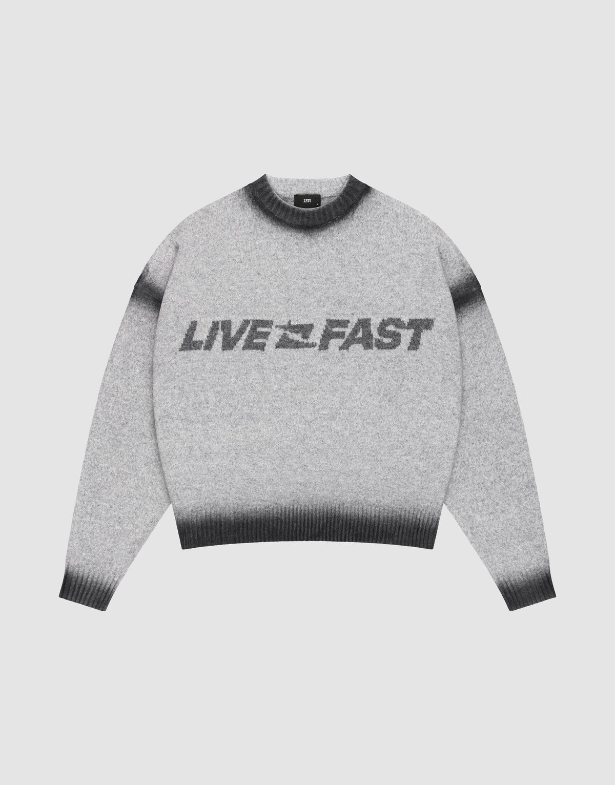 The Live Fast Boucle Sweater by LIVE FAST DIE YOUNG features a gray design with black cuffs, collar, and hem, bold “LIVE FAST” lettering across the front, and an oversize fit for a relaxed look. | plain