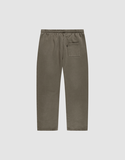 The Live Fast Rhinestone Jogger by LIVE FAST DIE YOUNG features an olive green, oversize straight-leg fit with an elastic waistband and a zippered back pocket, showcased against a plain light gray background.