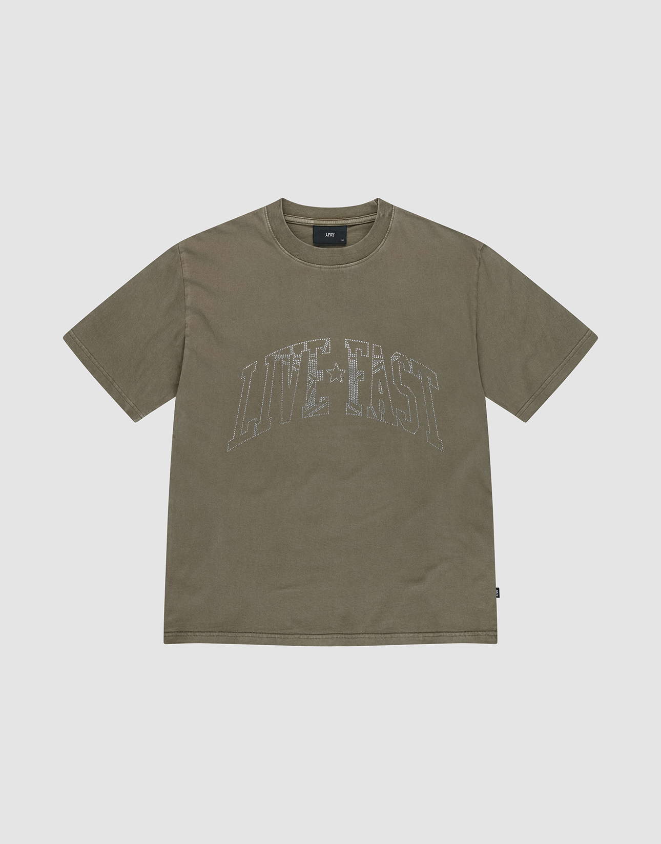 The Live Fast Rhinestone Tee by LIVE FAST DIE YOUNG is an olive green, oversized short-sleeve t-shirt featuring a vintage wash and "LIVE FAST" in large faded white letters across the chest, with a crew neck and relaxed fit. | plain