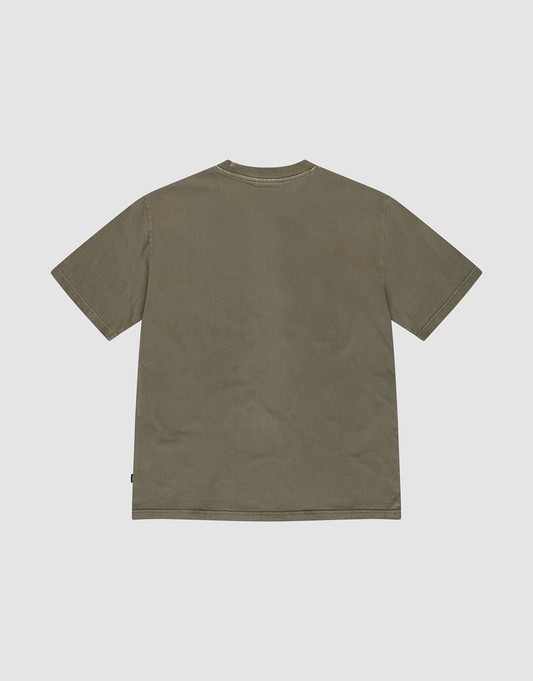 Back view of the Live Fast Rhinestone Tee by LIVE FAST DIE YOUNG in olive green with a vintage Waschung finish, short sleeves, simple crew neckline, and no visible logos or designs, laid flat on a white background.