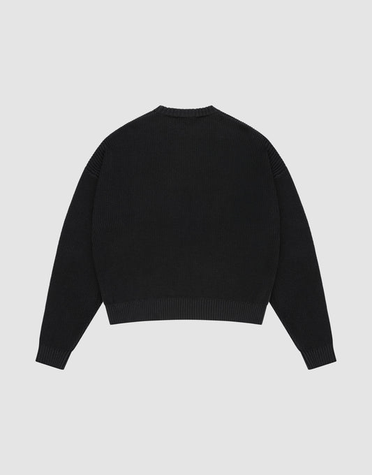 The LFDY Knit Sweater by LIVE FAST DIE YOUNG is a plain black, oversized long-sleeve with a crew neckline, dropped shoulders, and ribbed cuffs and hem. Made from 100% Baumwolle, it's shown laid flat back-up on a light gray background.