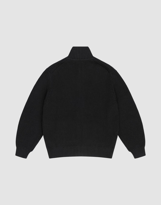 The LFDY Knit Jacket by LIVE FAST DIE YOUNG is a black, long-sleeve knit sweater with raglan sleeves, ribbed cuffs and hem, and a stand-up collar. Made from 100% Baumwolle, it is shown laid flat with the back facing up.