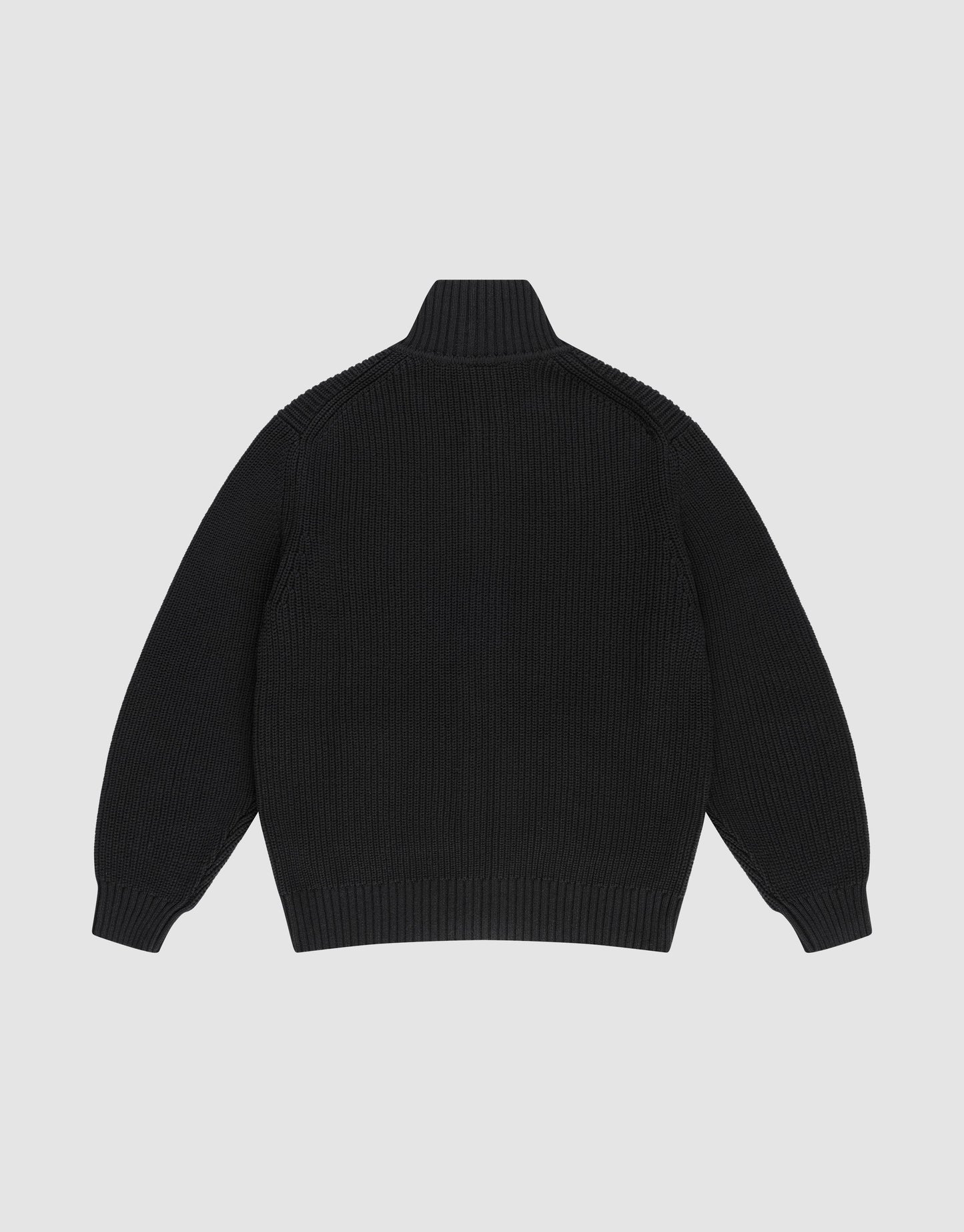 The LFDY Knit Jacket by LIVE FAST DIE YOUNG is a black, long-sleeve knit sweater with raglan sleeves, ribbed cuffs and hem, and a stand-up collar. Made from 100% Baumwolle, it is shown laid flat with the back facing up.