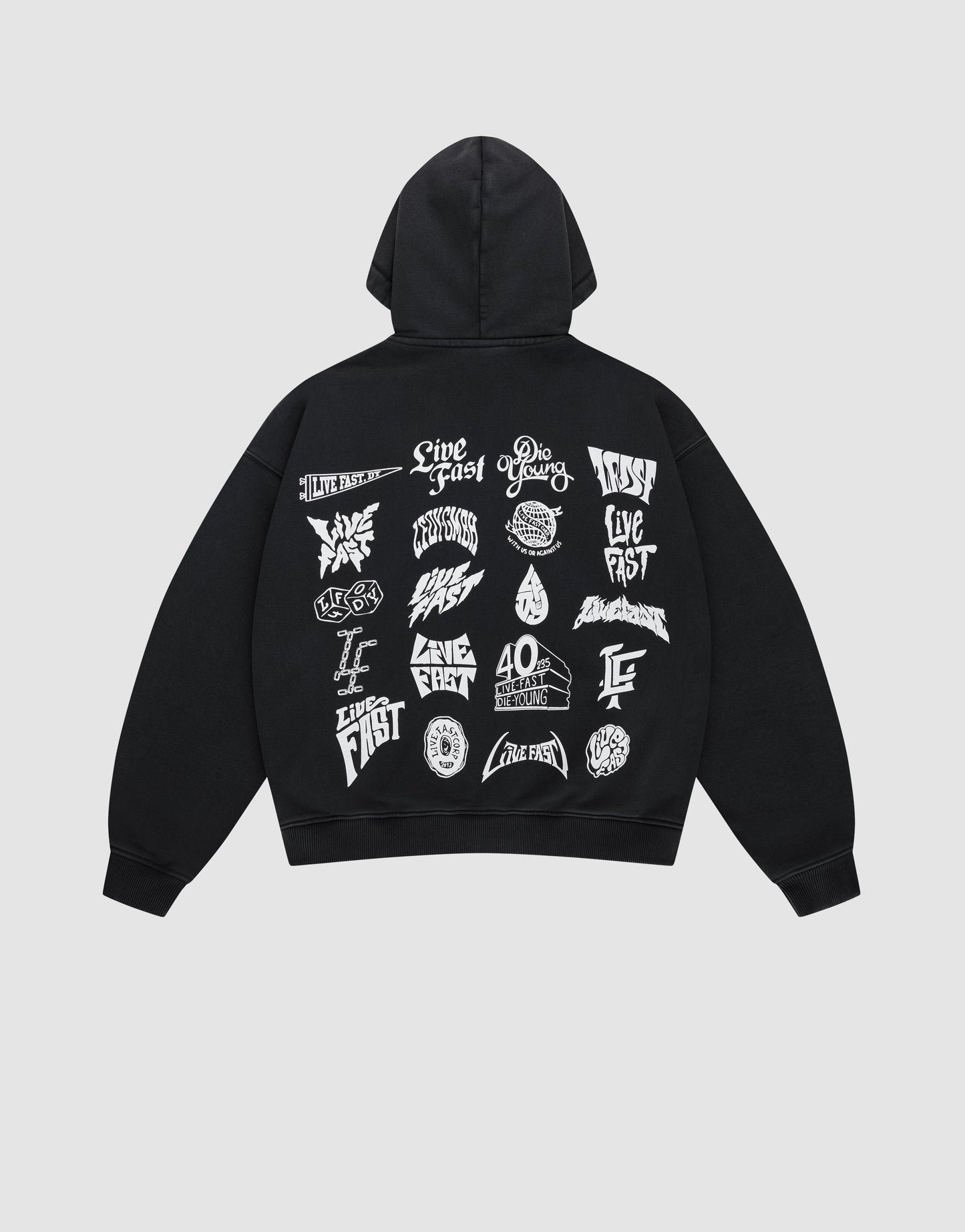 The LFDY Logo Hooded Zip by LIVE FAST DIE YOUNG is a black oversized Baumwolle sweatshirt, displayed flat, featuring bold white multilogo graphics and artistic phrases like Live Fast and Río Pyro printed across the back.