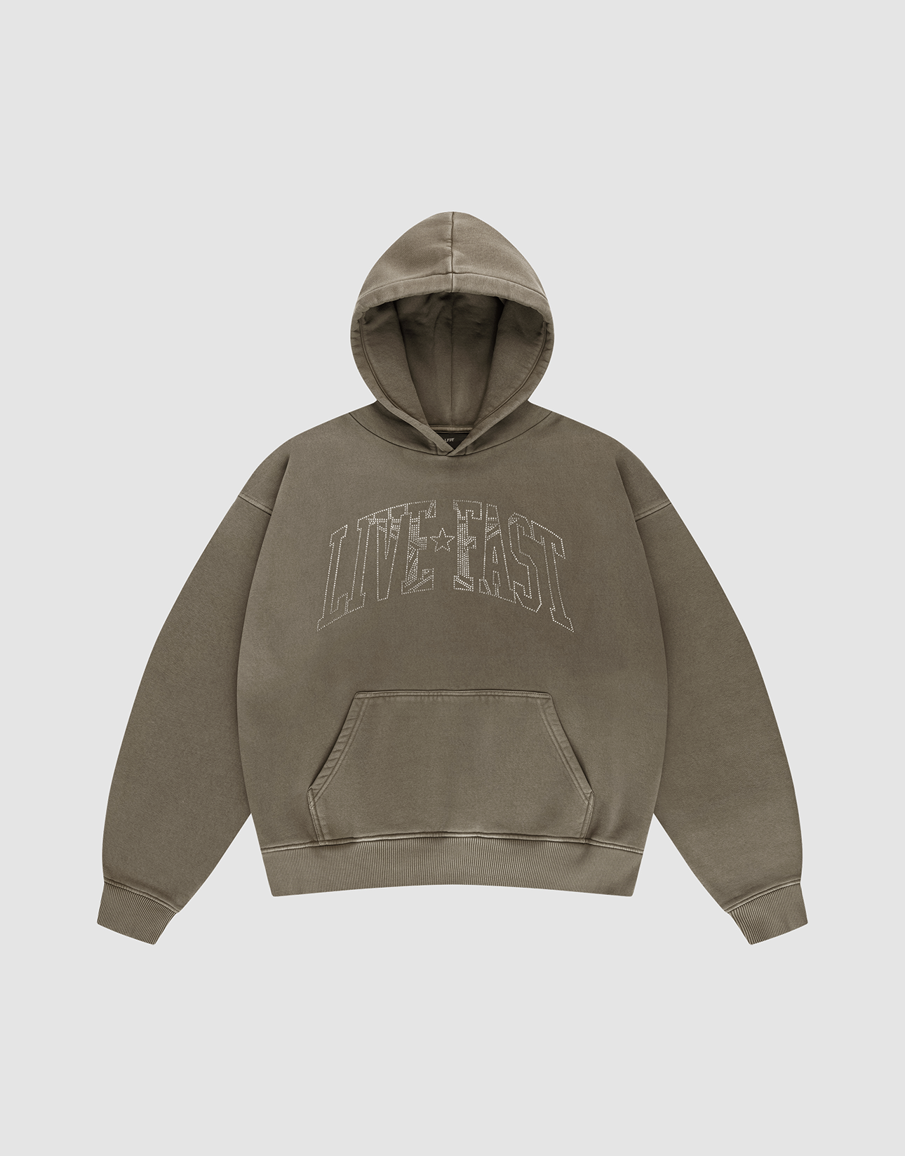 The LIVE FAST DIE YOUNG Live Fast Rhinestone Hooded sweatshirt is olive green, oversized, with a front pocket and "LIVE FAST" in bold distressed white across the chest for a cool vintage look. | plain