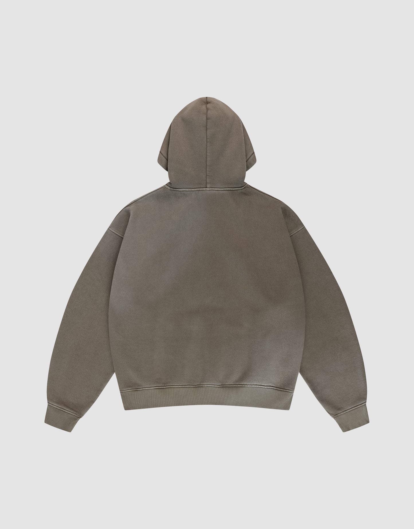 The Live Fast Rhinestone Hooded by LIVE FAST DIE YOUNG is shown flat, back side up, featuring long sleeves, a large hood, and a plain gray design with subtle vintage wash on a light background. No visible logos or designs are present.