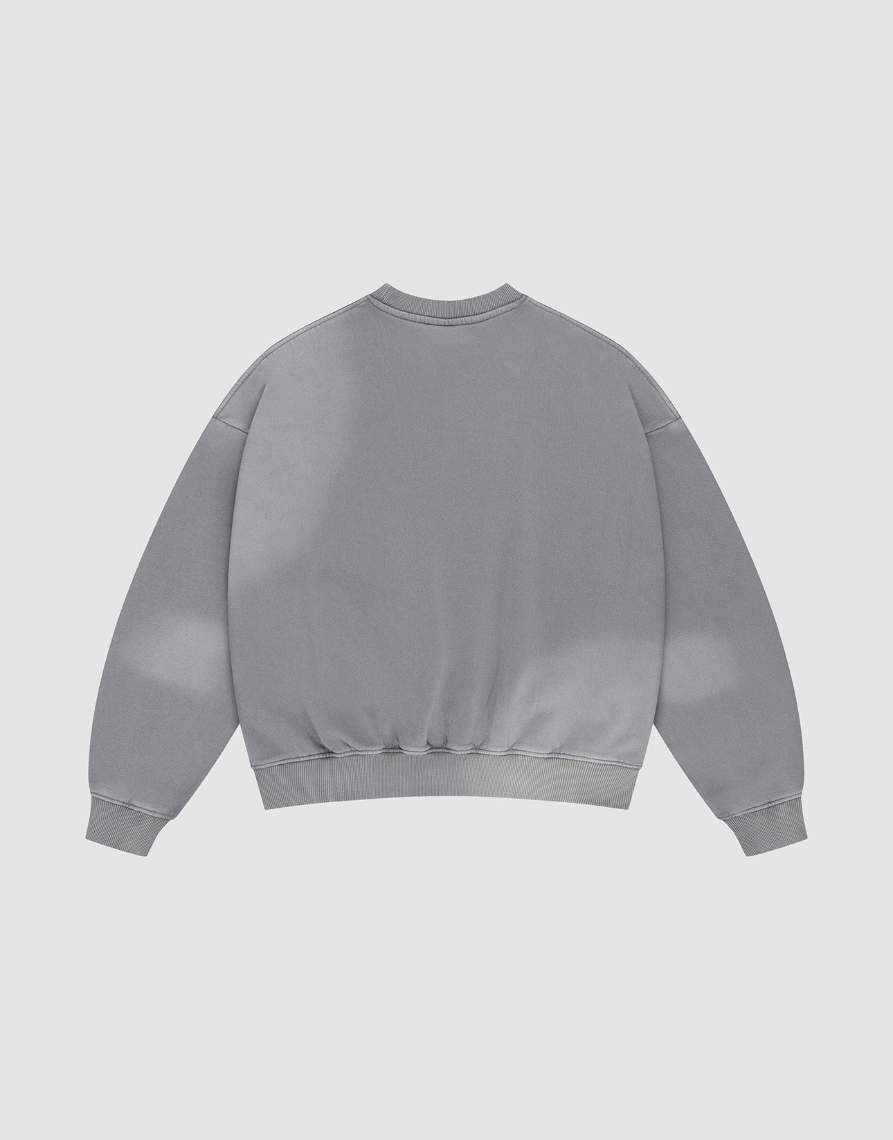The Basic LiveFast Sweater by LIVE FAST DIE YOUNG is shown flat, back view. This plain gray crewneck features long sleeves, ribbed cuffs and hem, plus a Faded Look for classic style.