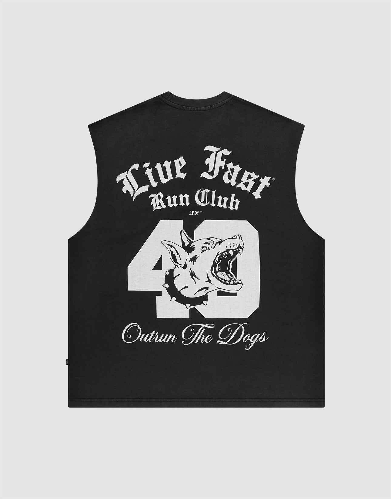 The LIVE FAST DIE YOUNG LFDY Run Club Muscle Shirt is a black, vintage-look sleeveless top with bold white “Live Fast Run Club,” large 49, snarling dog graphic, “Outrun The Dogs” text, 100% cotton, and an oversized fit. | plain