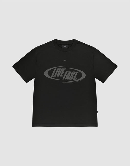 The LFDY Sphere Tee by LIVE FAST DIE YOUNG is a black oversized short-sleeve t-shirt made from 100% Baumwolle, featuring bold "LIVE FAST" text in a large oval graphic with a dark, slightly shiny design on light gray. | plain