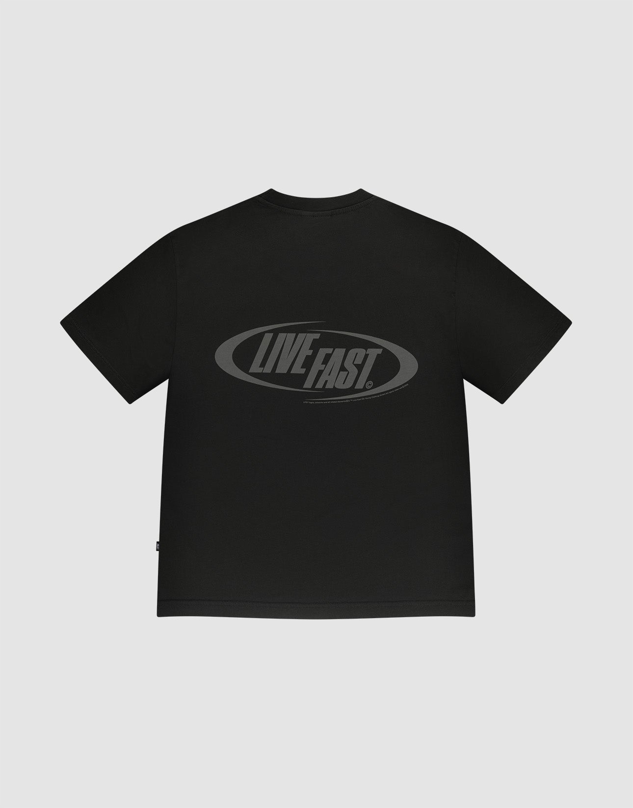 The LFDY Sphere Tee by LIVE FAST DIE YOUNG is an oversized black T-shirt made from 100% cotton, featuring a large oval logo front print and bold LIVE FAST back print on a plain light gray background.