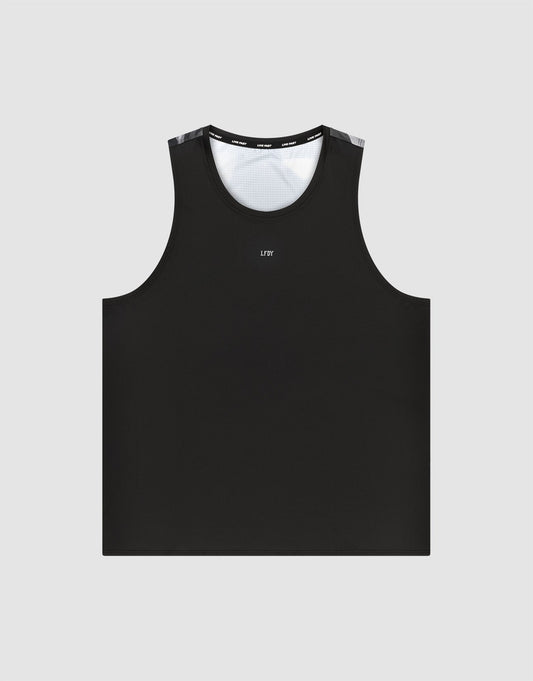 The LFDY Performance Tank by LIVE FAST DIE YOUNG is a black, sleeveless, regular-fit crop top with a round neckline, white mesh shoulder lining, and small “LFV” text on the chest, shown on a plain light gray background.