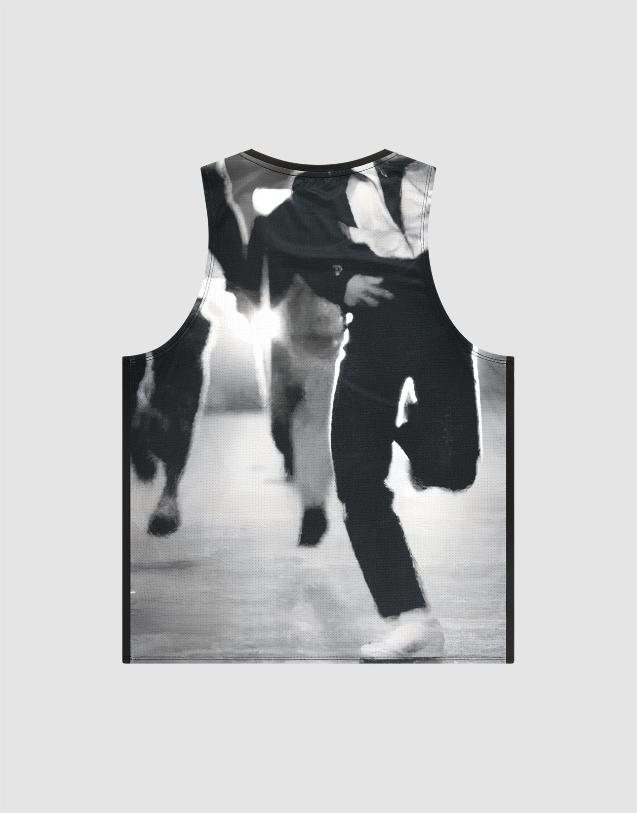 The LFDY Performance Tank by LIVE FAST DIE YOUNG is a regular fit sleeveless shirt in light grey, featuring a black and white photo print of runners, lightweight material, and a reflective logo print.
