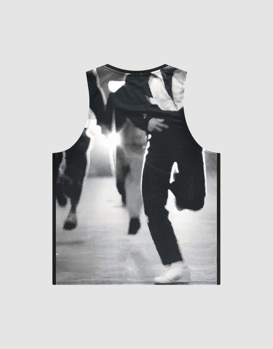 The LFDY Performance Tank by LIVE FAST DIE YOUNG is a regular fit sleeveless shirt in light grey, featuring a black and white photo print of runners, lightweight material, and a reflective logo print. | plain
