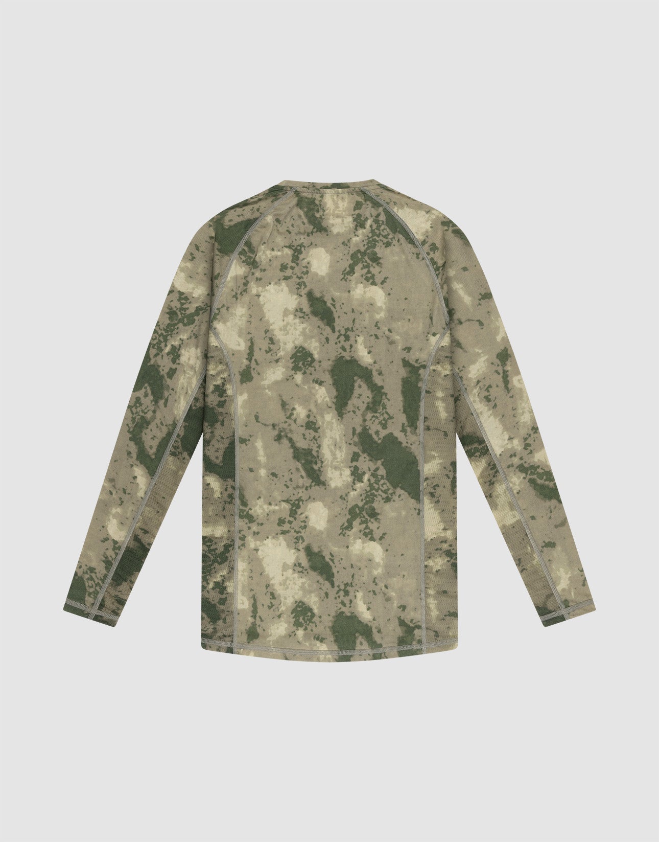The LIVE FAST DIE YOUNG LFDY Performance Slim Longsleeve features a green and beige camo print, slim fit, and is displayed from the back, laid flat on a plain light background.