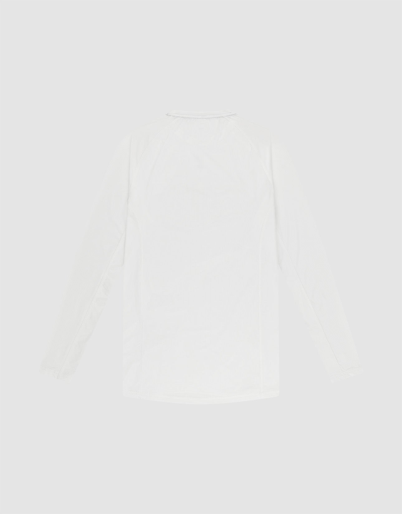 The LIVE FAST DIE YOUNG LFDY Performance Slim Longsleeve, in plain white with a slim fit and long sleeves, is laid flat on a light gray background, displayed from the back.