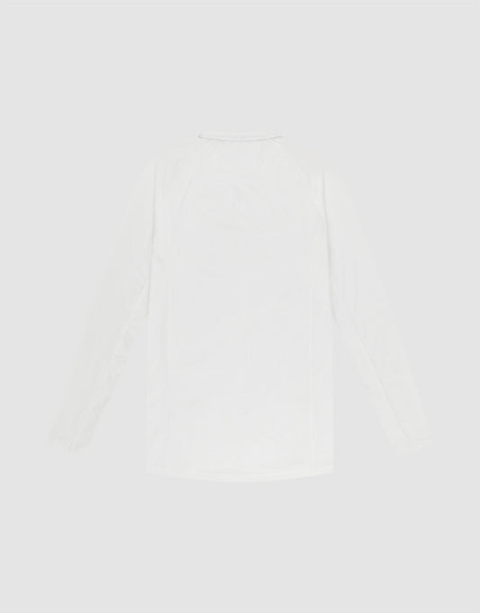 The LIVE FAST DIE YOUNG LFDY Performance Slim Longsleeve, in plain white with a slim fit and long sleeves, is laid flat on a light gray background, displayed from the back.