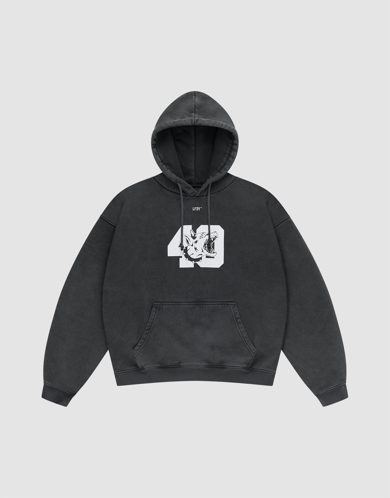 The LFDY 40 Hooded by LIVE FAST DIE YOUNG is a black oversize fit hoodie featuring a kangaroo pocket and bold front print: a large white 40 graphic with an intertwined dragon and LIVY text above, shown laid flat on a light grey background.