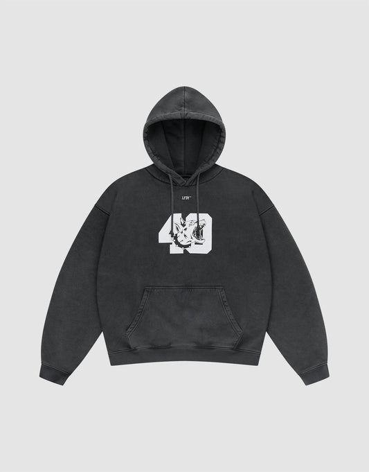 The LFDY 40 Hooded by LIVE FAST DIE YOUNG is a black oversize fit hoodie featuring a kangaroo pocket and bold front print: a large white 40 graphic with an intertwined dragon and LIVY text above, shown laid flat on a light grey background. | plain