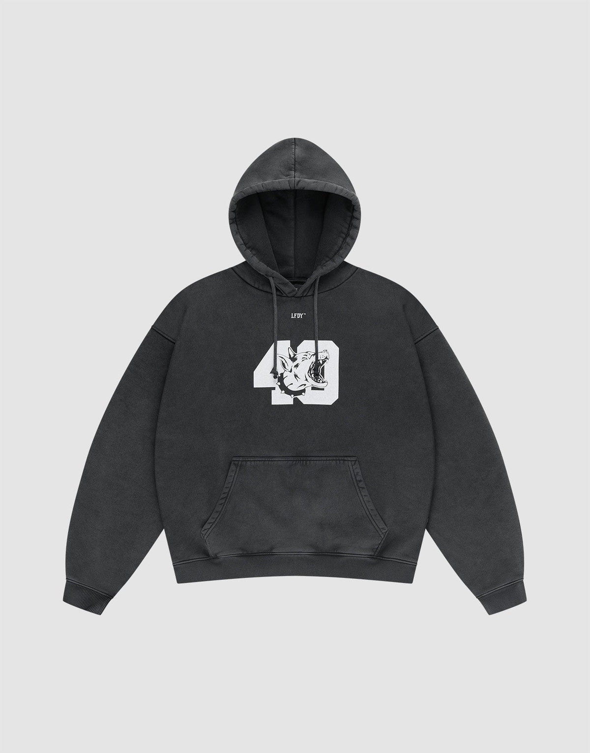 The LFDY 40 Hooded by LIVE FAST DIE YOUNG is a black oversize fit hoodie featuring a kangaroo pocket and bold front print: a large white 40 graphic with an intertwined dragon and LIVY text above, shown laid flat on a light grey background. | plain